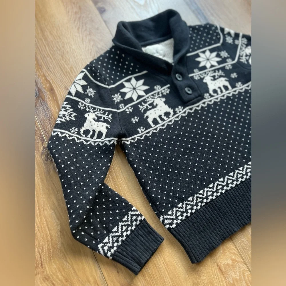 Peek Kids Fair Isle Reindeer Shawl Collar Sweater Black & Cream Medium 6–7 Years